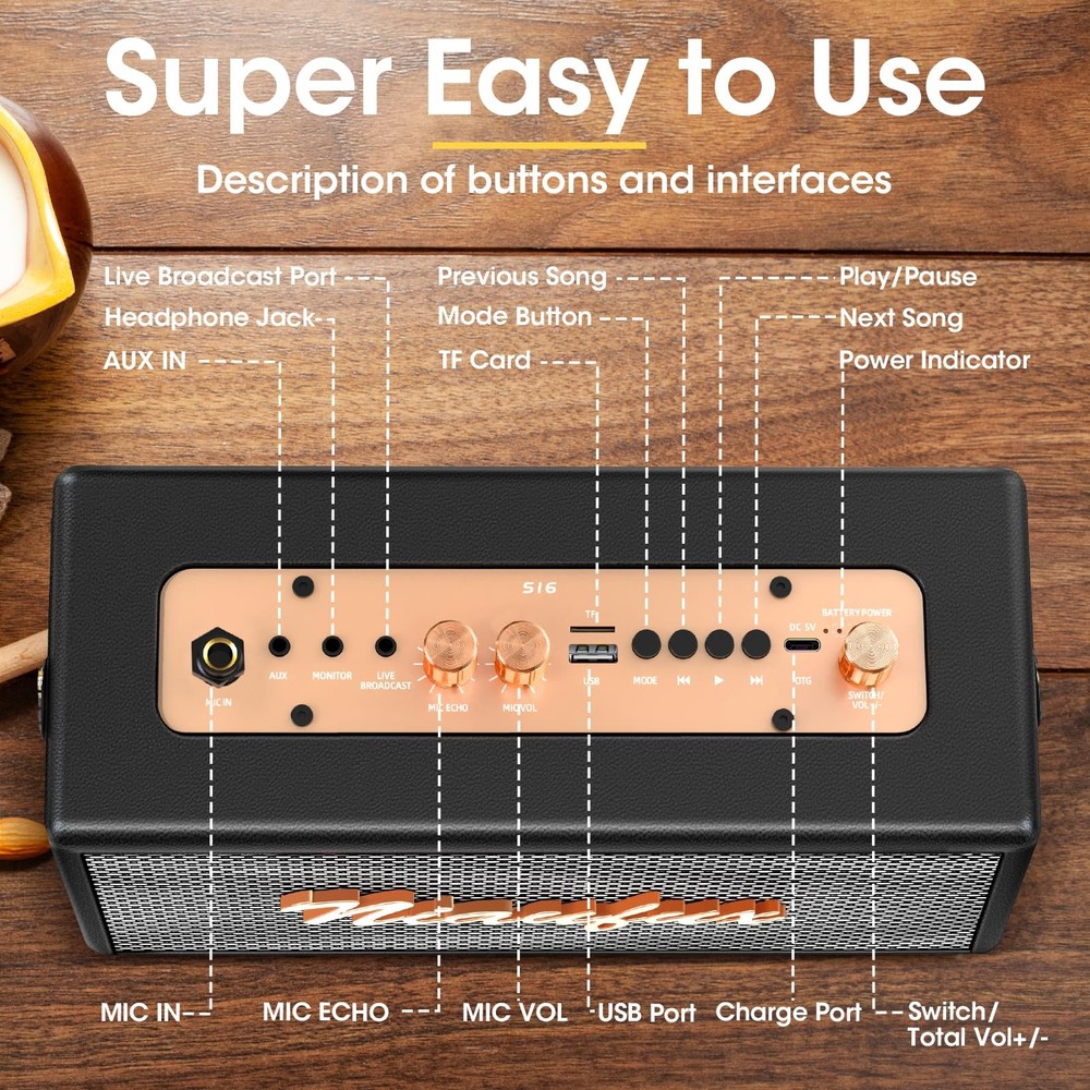 Retro Karaoke Machine: Portable Bluetooth Speaker, 2 Wireless Mics, Home Part...
