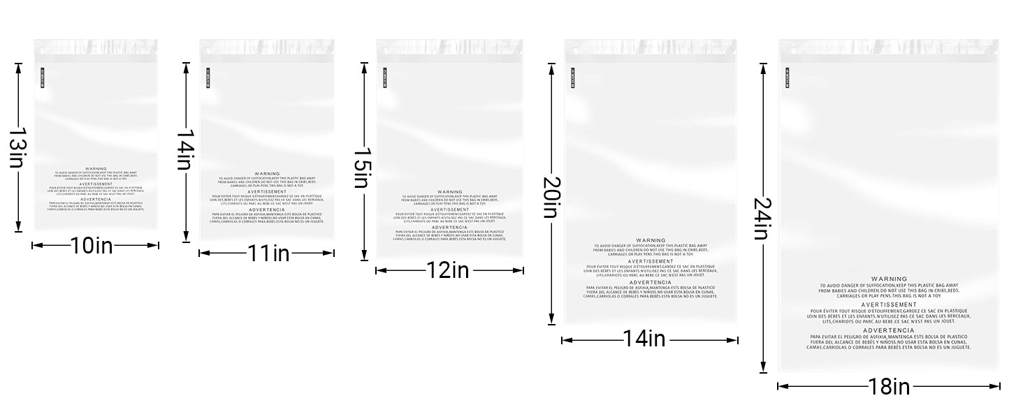 Multi-size Clear Poly Bags with Suffocation Warning for clothing and toys