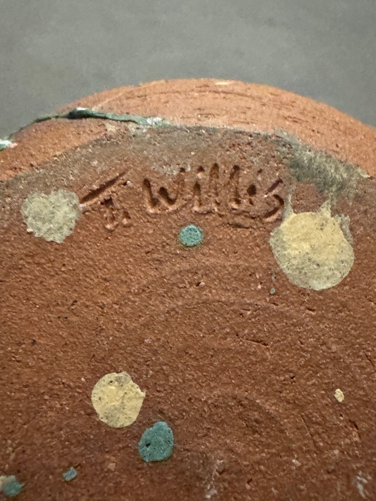 T WILLIS SIGNED BROWN DRIP GLAZE SPLATTER APPLIED TWISTED HANDLE PITCHER VTG