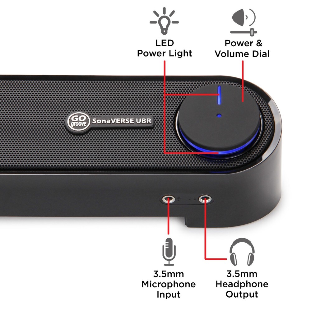 Computer Sound Bar Speaker (Blackout) with Easy Access Headphone & Mic Jacks