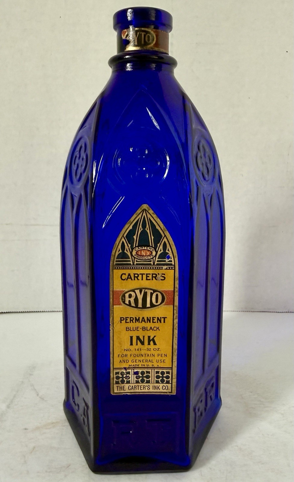 Vintage Cathedral Style Blue Glass Carter's Ink Bottle/Jar with label  & Stopper