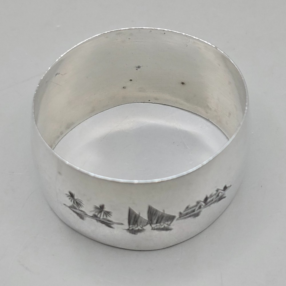 Antique Solid Silver Napkin Ring Engraved Landscape Scene