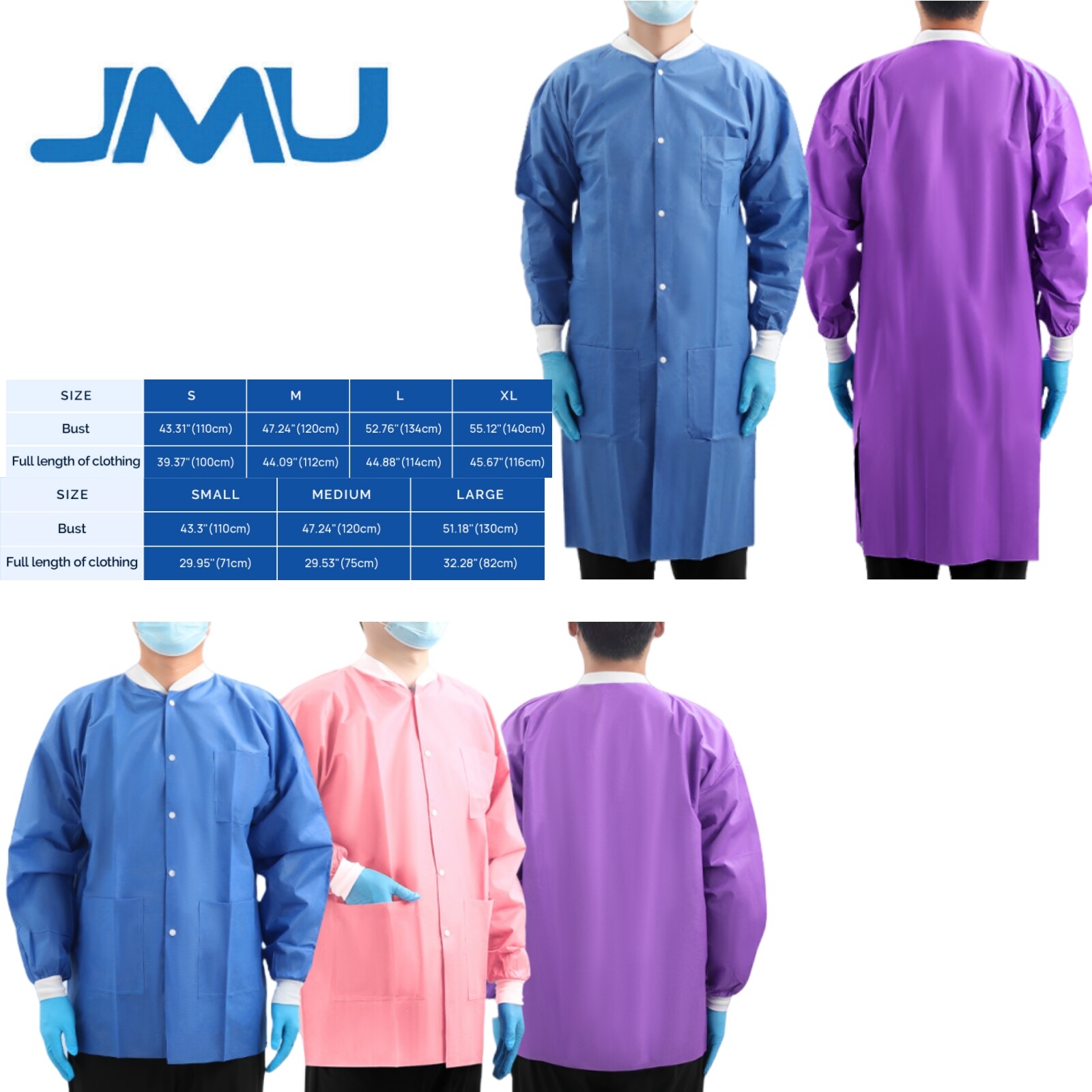 10/50Pcs JMU Medical Lab SMS Jackets Coats 40g w/ Knit Cuffs 3 Pockets S/M/L