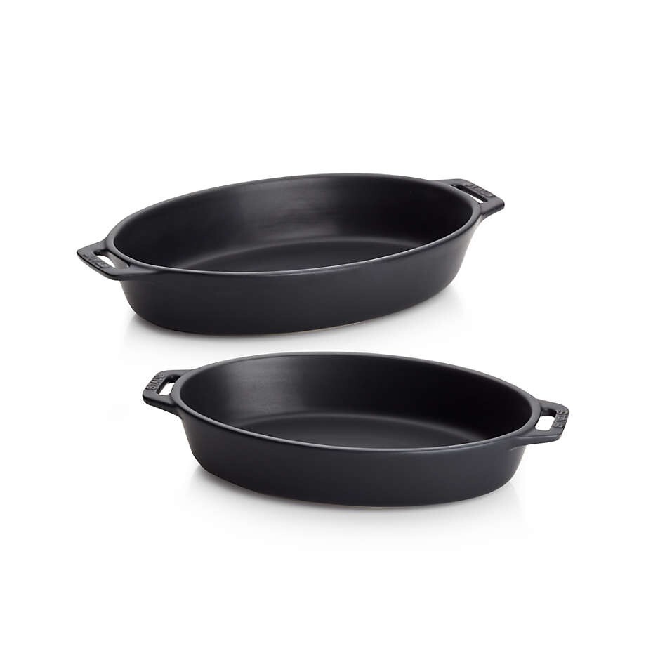 Staub Ceramic Oval 2-pc Nesting Baking Dish Set Gratin Casserole; Black Matte