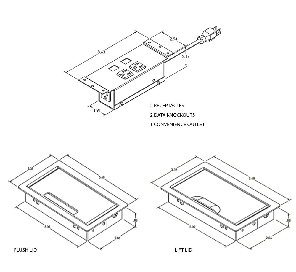 Dekko Villa silver 2 power + 2 USB + 2 open data port power module