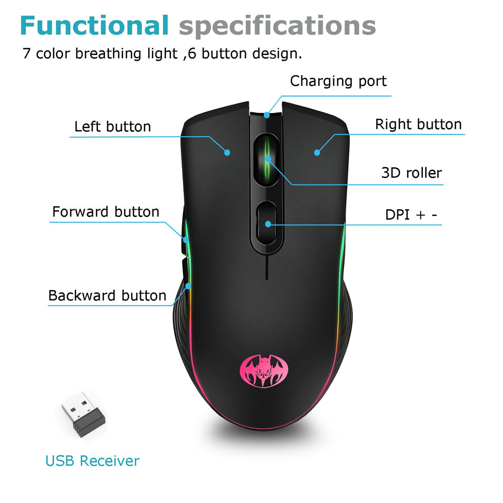 Gaming Mouse 7 Color LED Backlight Wireless USB Rechargeable Optical Mice For PC