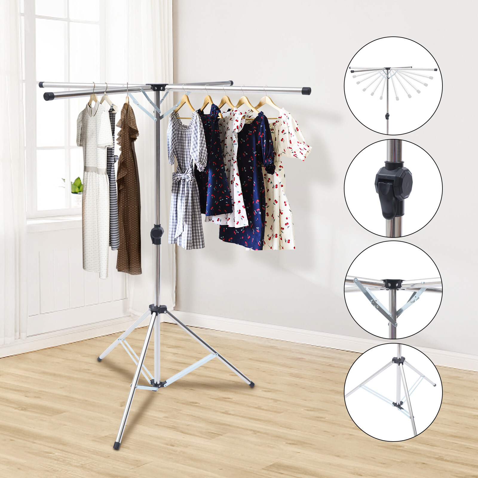 Portable Tripod Clothes Drying Rack Steel Laundry Coat Foldable Stand Hanger