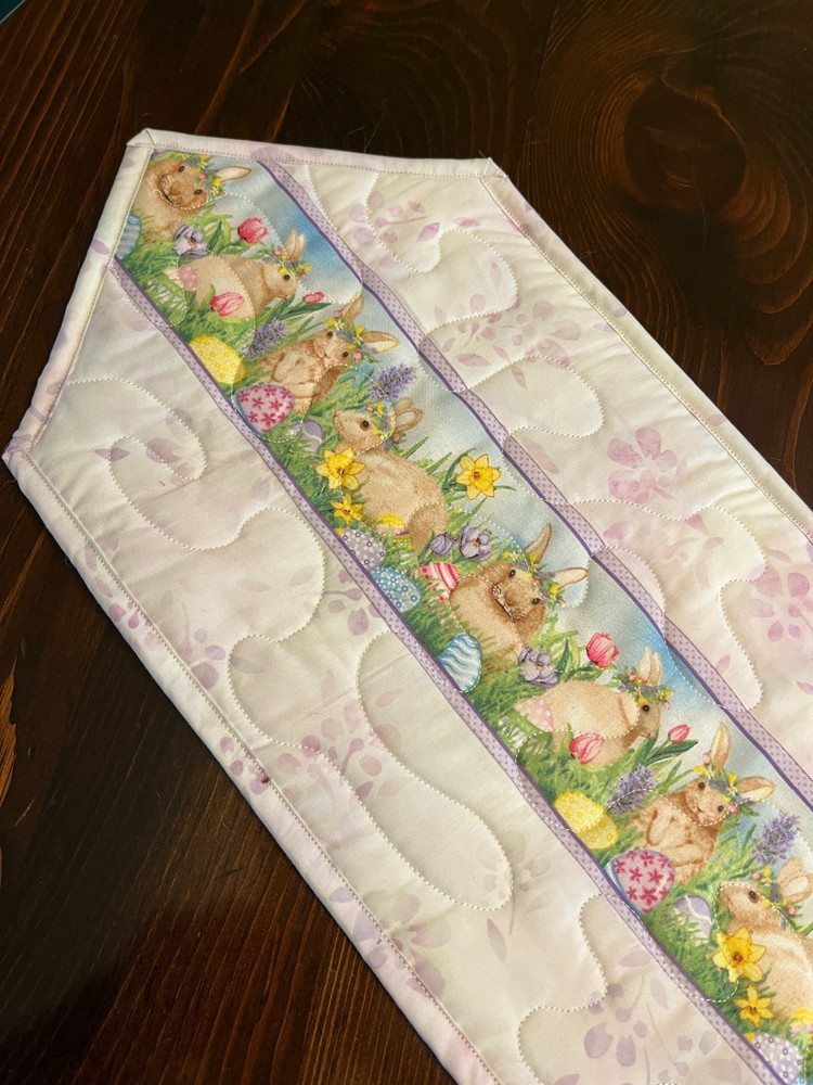 Handcrafted-Quilted Table Runner -Easter  - Stripe of Easter Rabbits & Flowers
