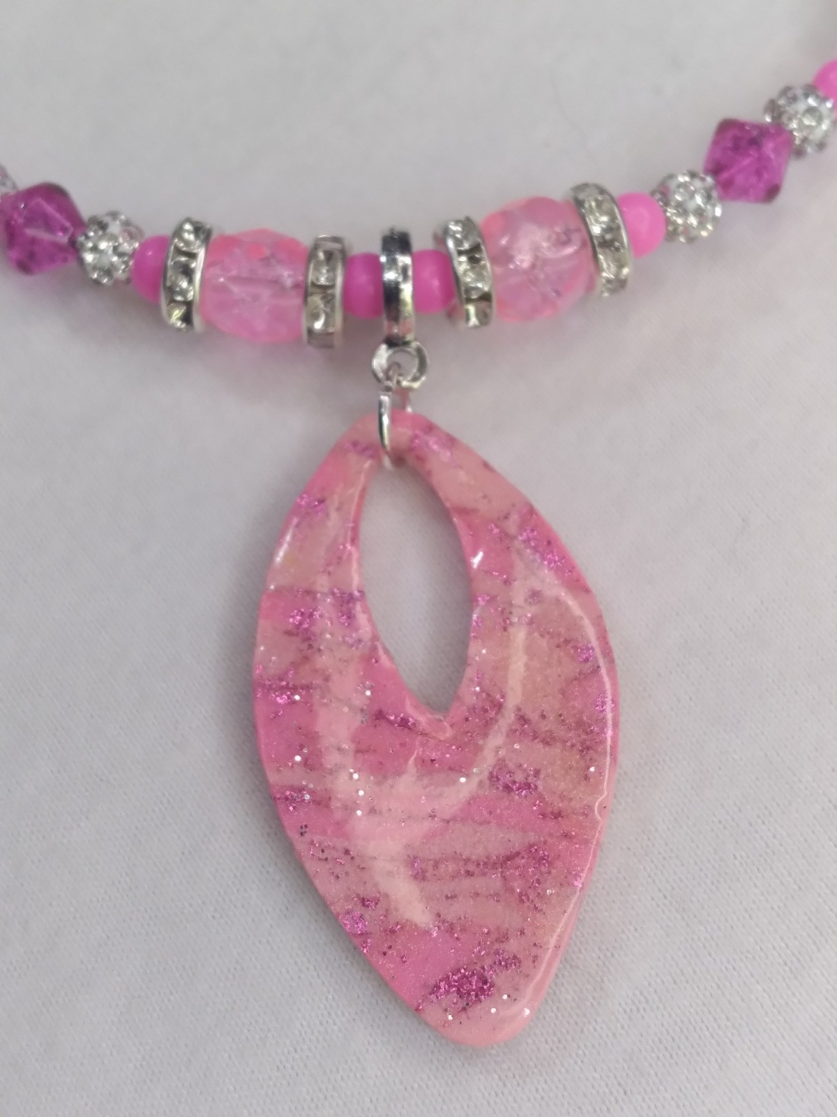 Handcrafted Beaded Pink Polymer Clay Pendant Memory Wire Choker Earring Set