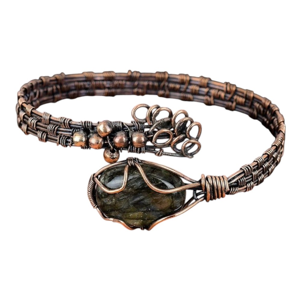 Handmade Labradorite Copper Cuff Bracelet – Wire Wrapped Gemstone Bangle