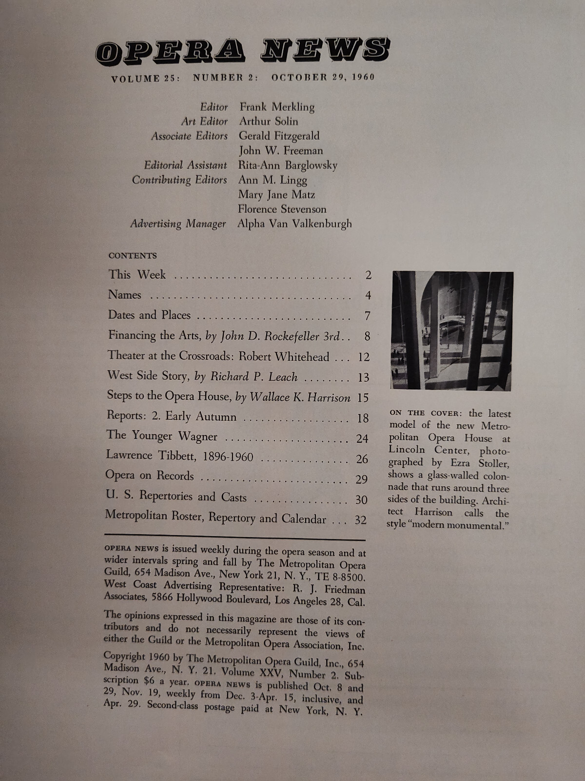 Rare METROPOLITAN OPERA NEWS Magazine October 29 1960 Lincoln Center