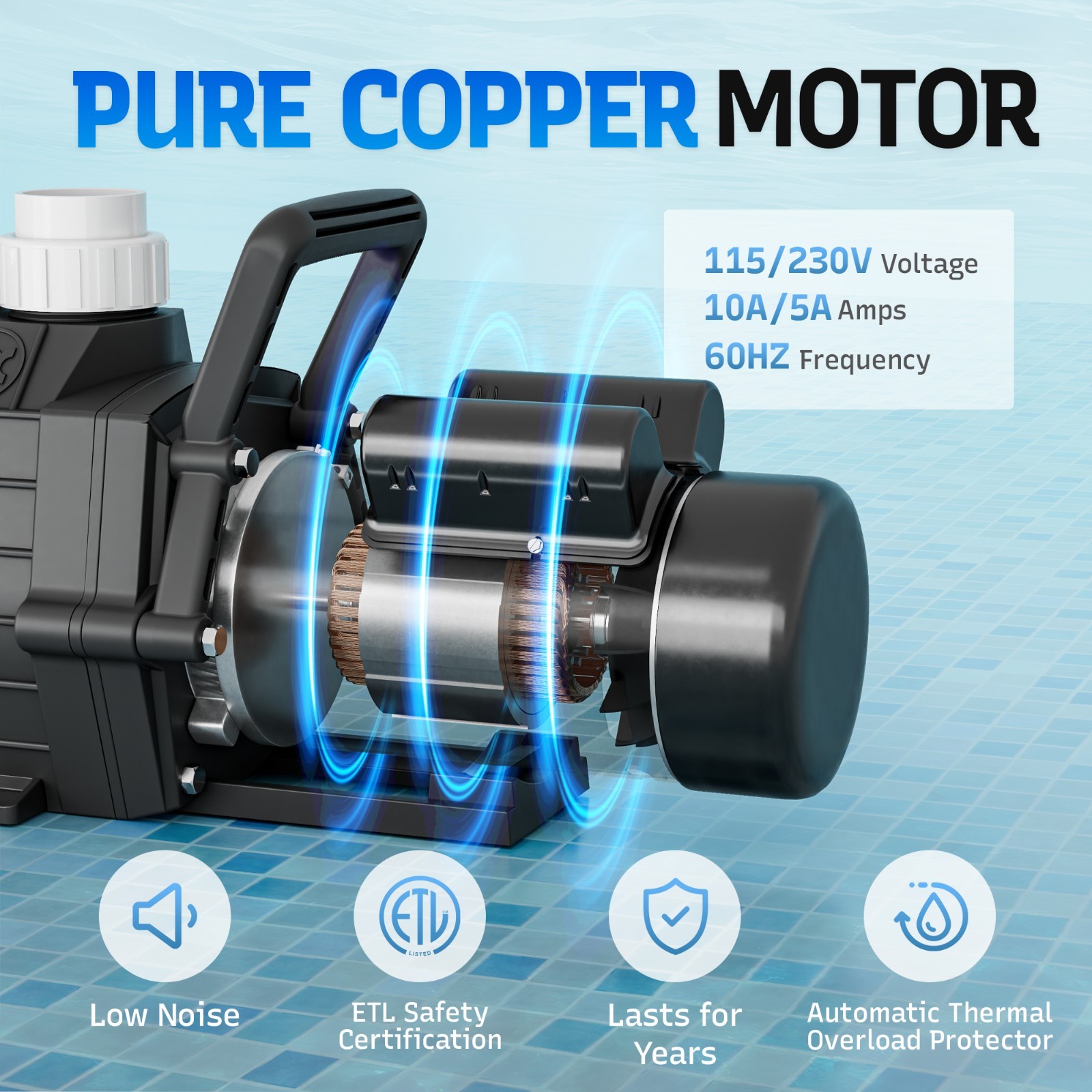 LINGXIAO 1HP Pool Pump Inground, 6022 GPH, 115/208-230V with 2/1.5" Fittings