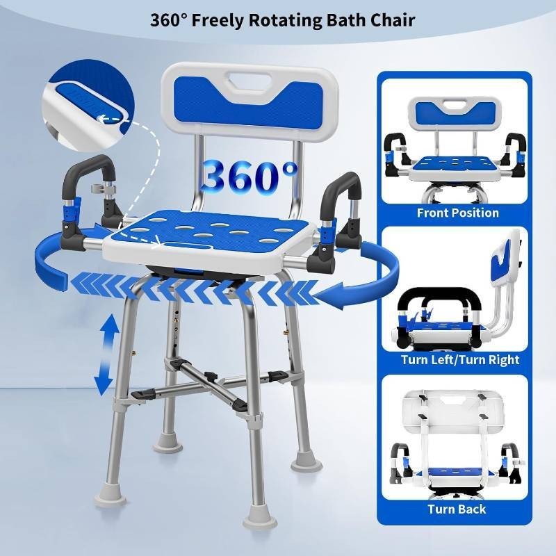 500lb Rotating Shower Chair w Arms & Back 360 Swivel Seat Aluminum XY‑K406