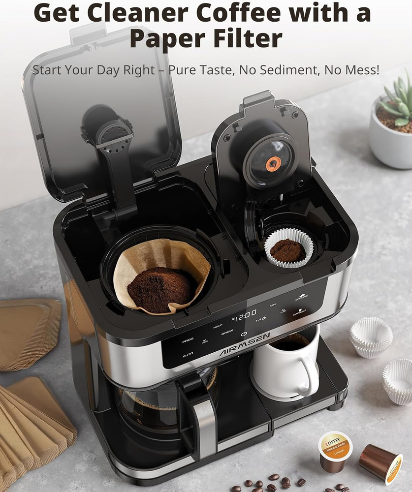12-Cup Programmable Dual Coffee Maker – Single Serve Machine for K-Cup Pods & Gr
