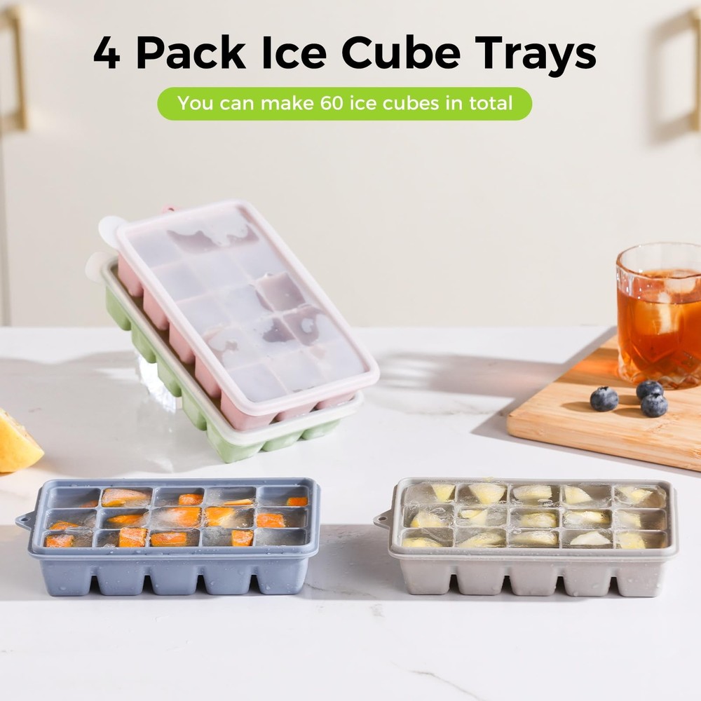 Silicone Ice Cube Trays with Lids - Set of 4, Easy Release, Stackable, Reusable