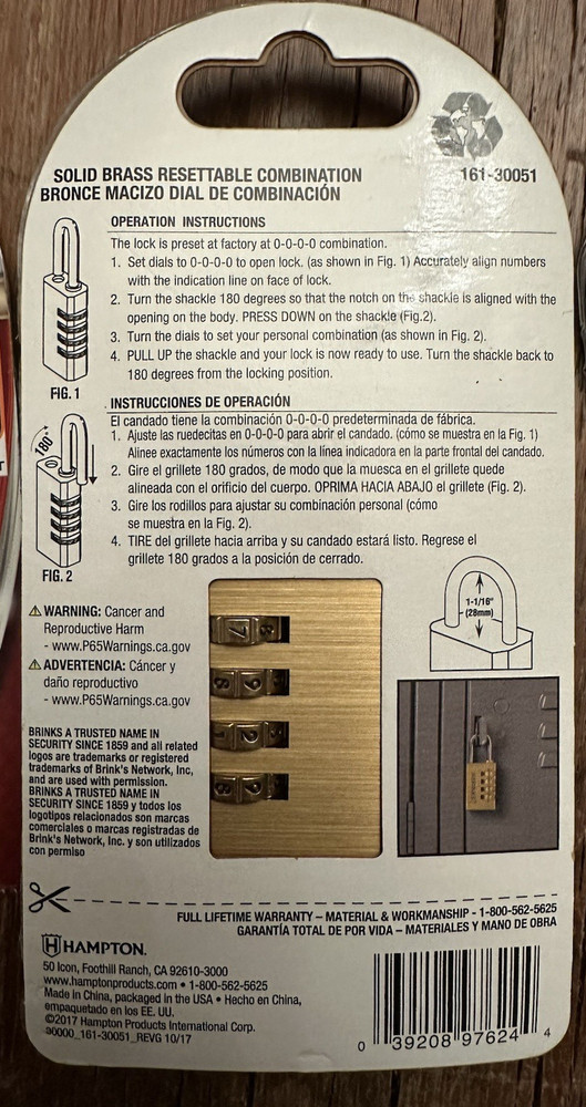 BRINKS COMBO 4-DIAL COMBINATION RESETTABLE PADLOCK SOLID BRASS WEATHER RESISTANT