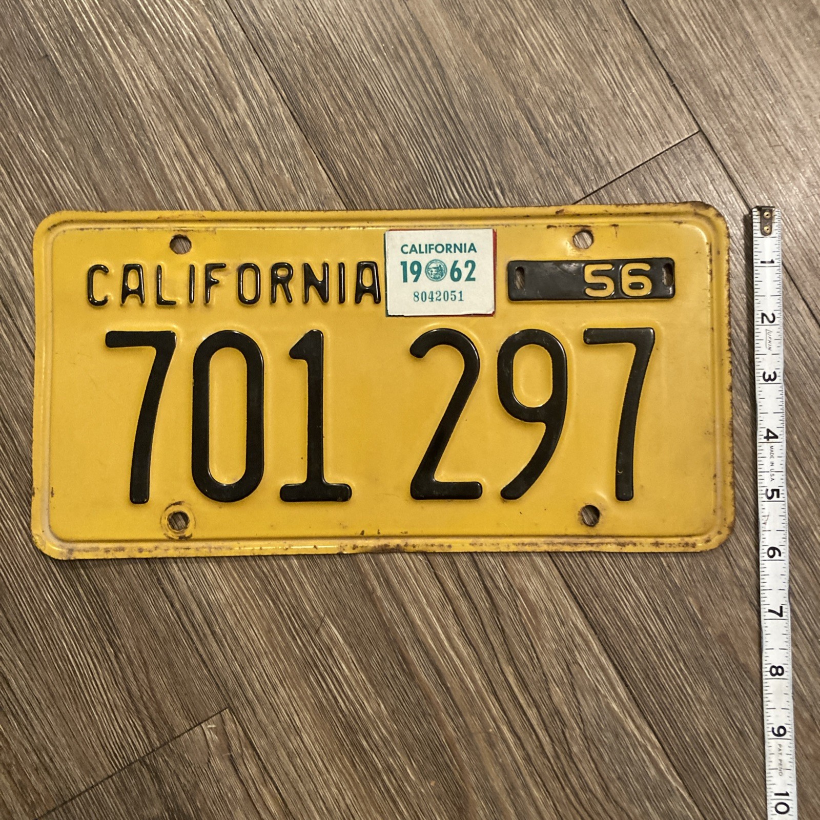 Vintage California CA License Plate 1956 Yellow Black 1962 Tag USA!