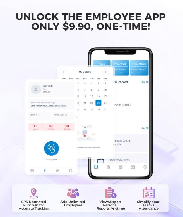 Time Clock Cloud-Based with Tuch Screen, 4-in-1 Remote Control Time Clocks for E