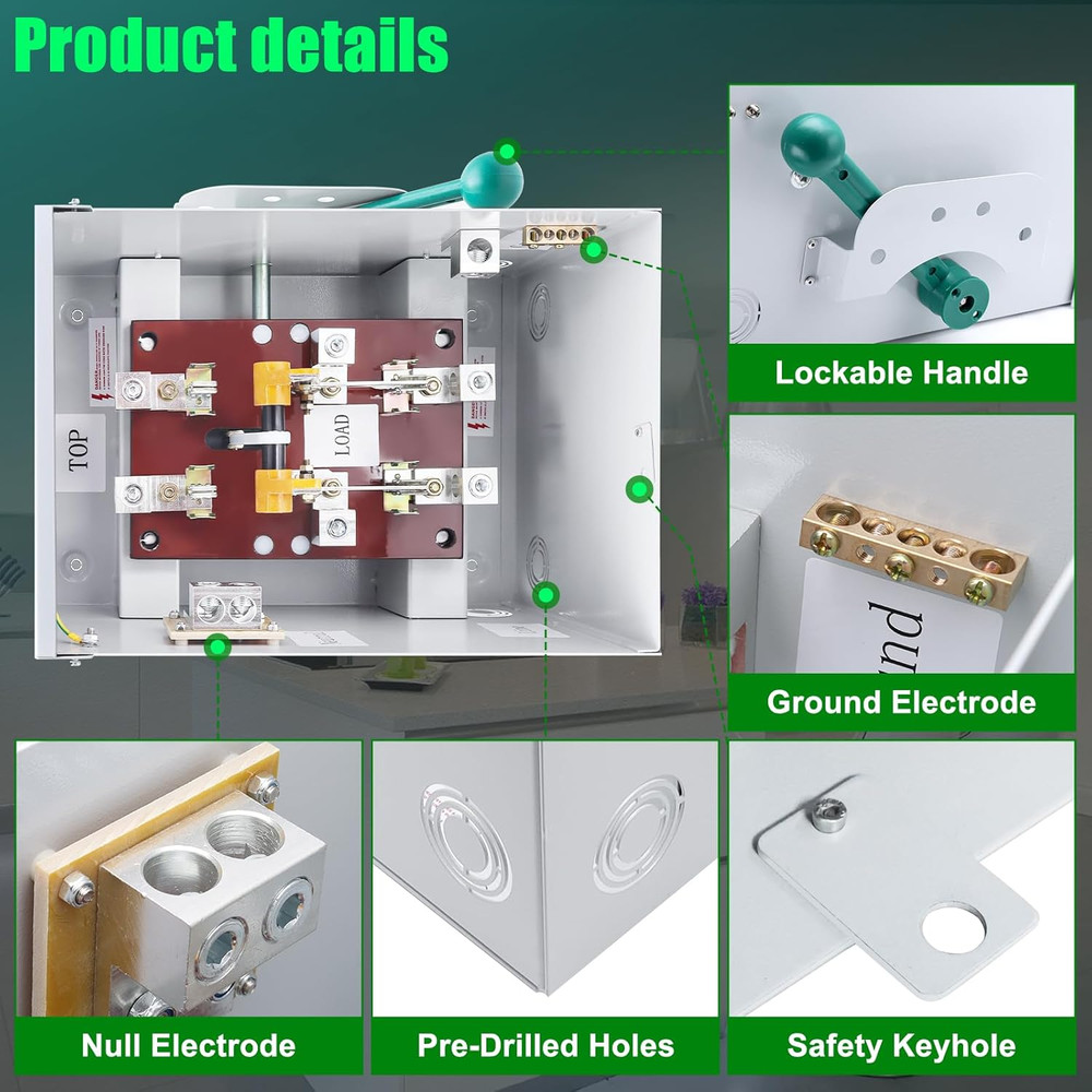 200A Manual Transfer Switch, 48000W, Rainproof NEMA 3R, Compact Design