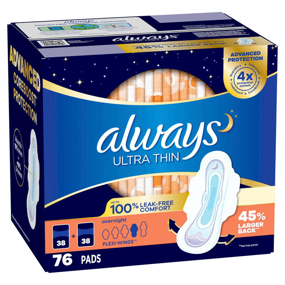 always Ultra Thin Advanced Overnight Pads, 76-count
