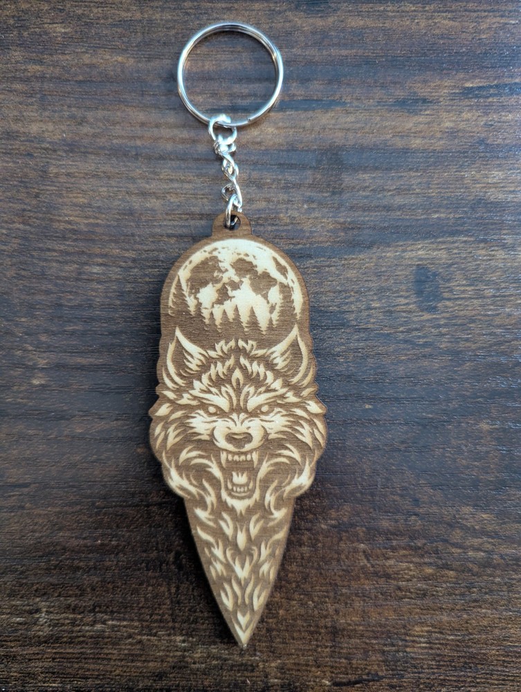 Engraved Wood Wolf Keychain