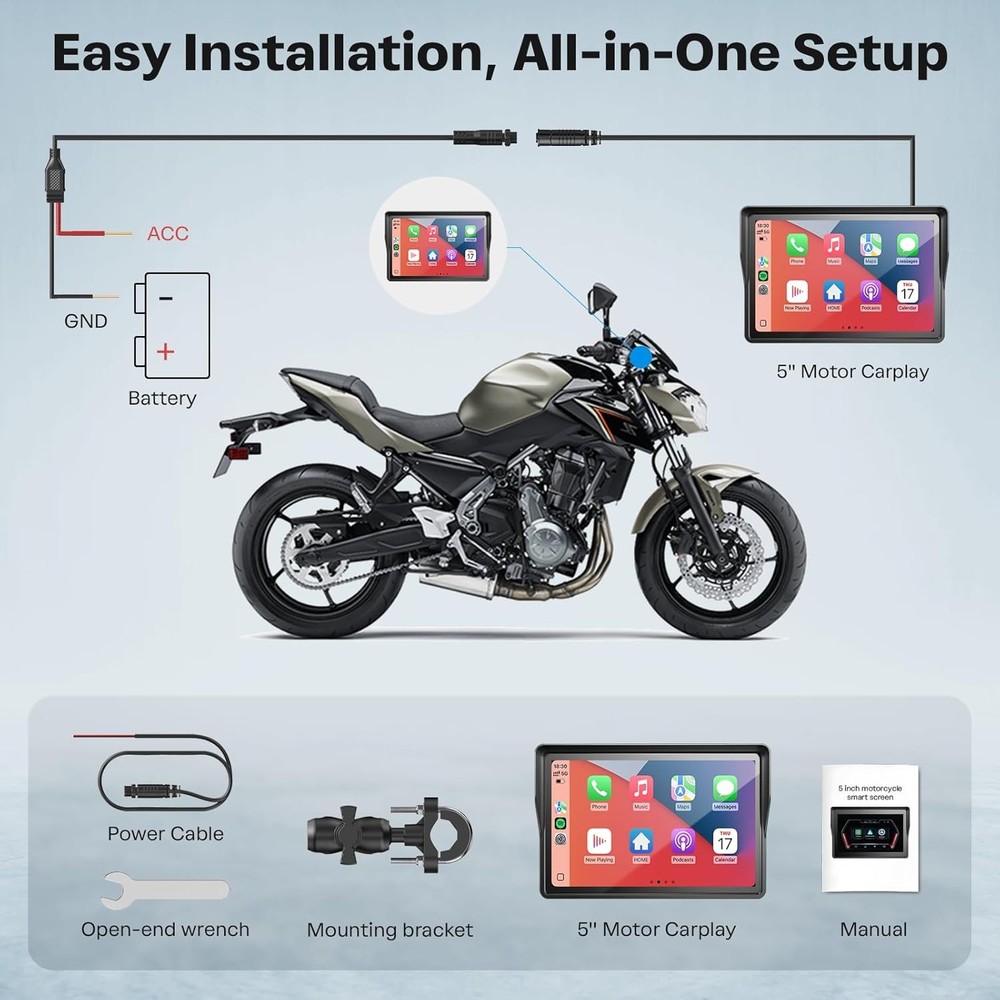 5" Dual Bluetooth Wireless Motorcycle GPS Navigation Device CarPlay/Android Auto