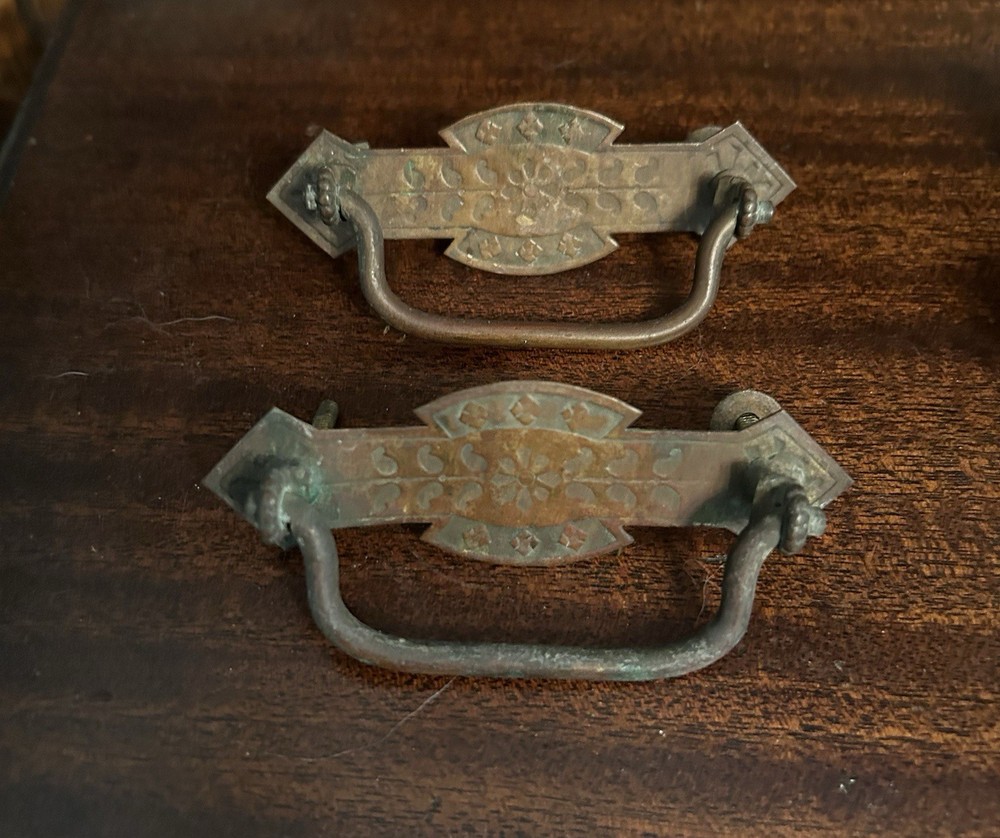 4 Antique Brass Embossed Drawer Pull Handles 3 1/8” Screw Width 4.25” Wide