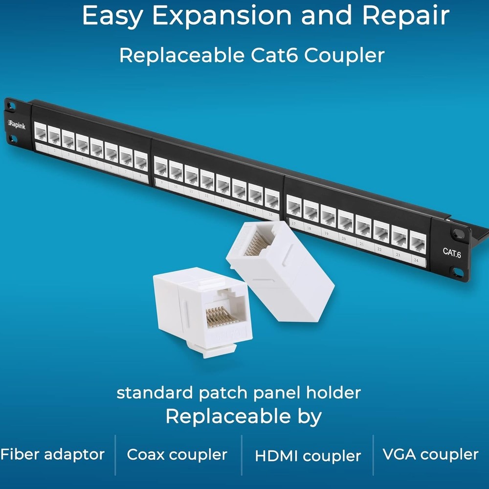 Removable Back Bar 24 Port Cat6 Patch Panel - Fast, Reliable 10G Connection