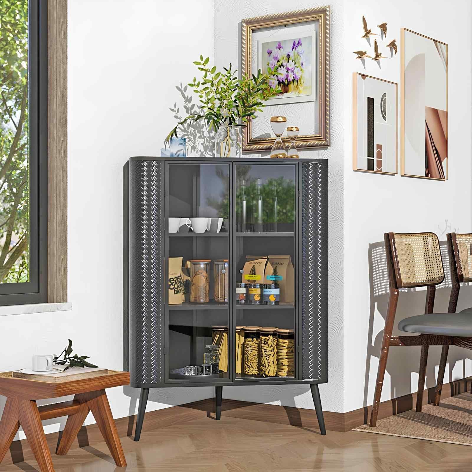Modern Corner Storage Cabinet with Glass Doors and 3 Shelves, Metal Frame