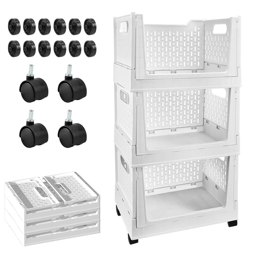 Stackable Plastic Storage Basket, 3 Pack Foldable Closet Organizers and Stora...