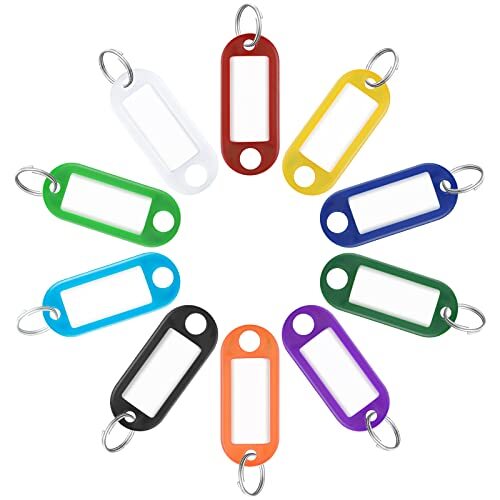 40 Pack Plastic Key Tags with Split Ring and Label Window, 10 Colors