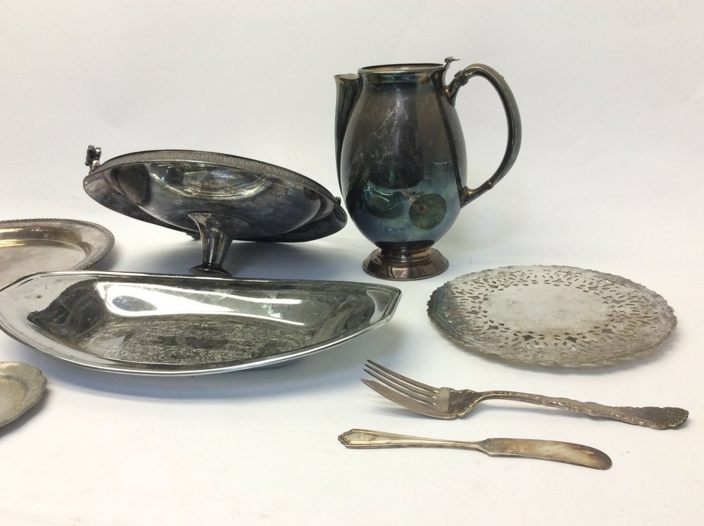 Mixed Vintage Lot Used Metal Silverplate Pewter Trays Pitcher Platters Parts