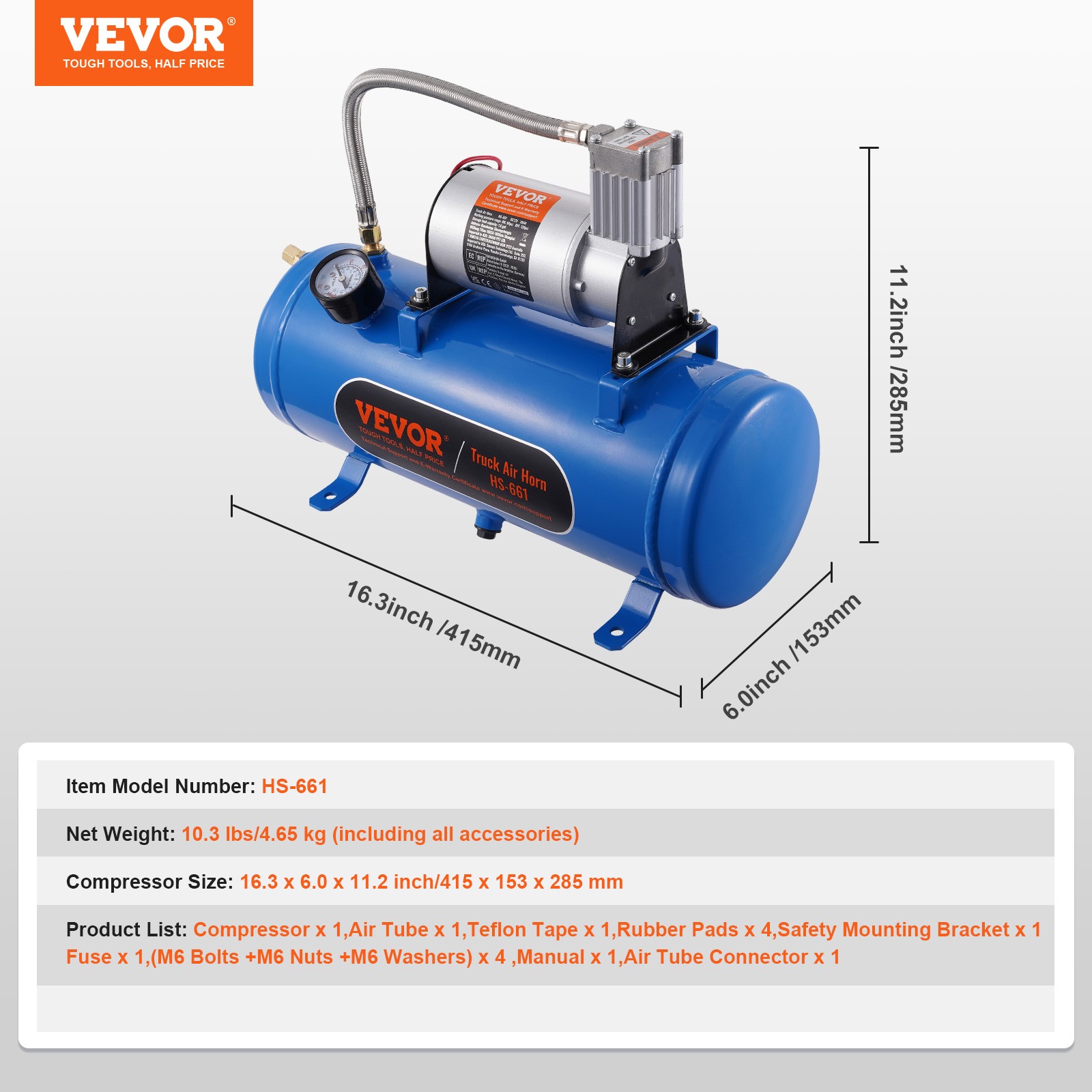 VEVOR 12V Air Compressor with 1.6 Gal/6L Tank Onboard Air Horn Compressor System