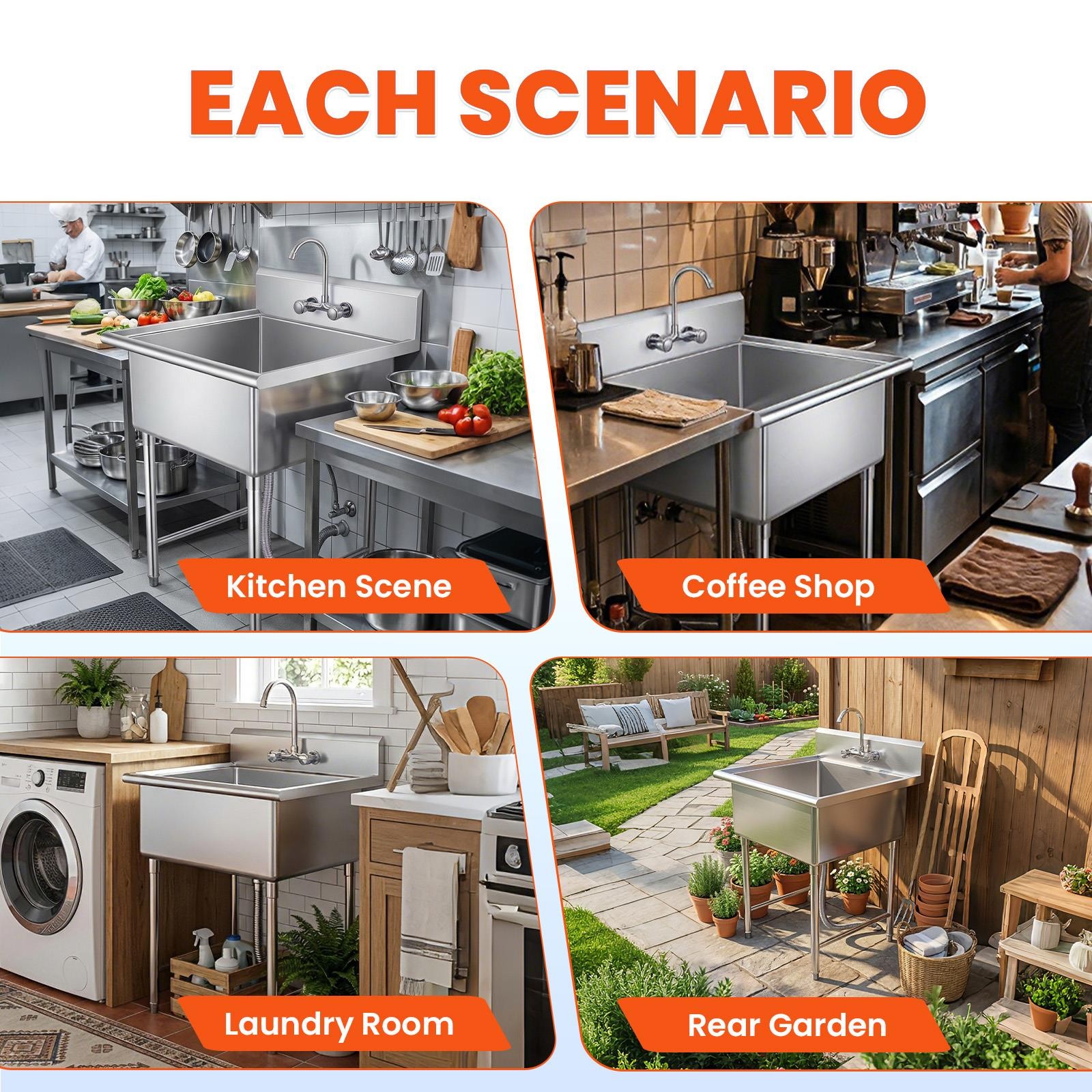 Commercial Stainless Steel Utility Sink Kitchen Wash Tub 27.56" × 11.9" × 27"