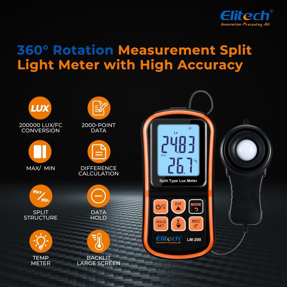 LM200 Digital Light Meter Handheld Illuminance LCD Display 200,000 Lux