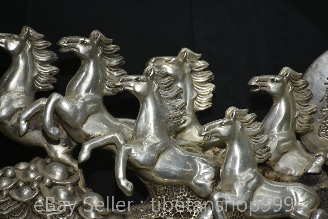 14.8" Rare Old Chinese Dynasty Silver Fengshui 12 Zodiac 8 Horse Word Statue