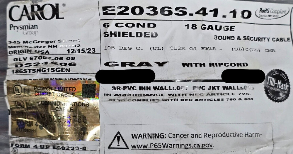 Carol E2036S 18/6C Shielded Security/Communications Cable Riser Gray /50ft