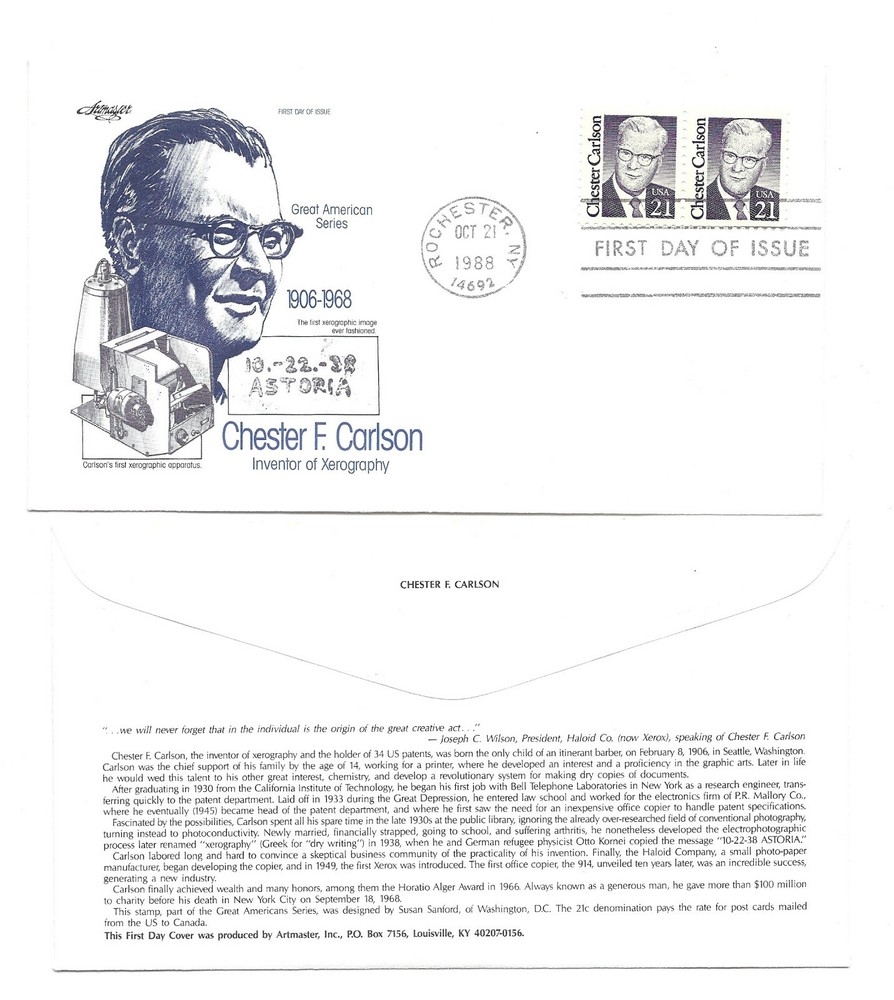 2180 21c Chester Carlson, Artmaster, pair  FDC