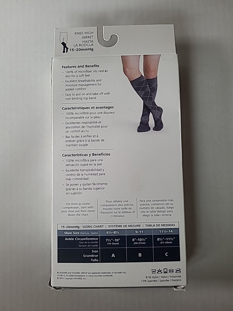 SIGVARIS Microfiber Patterns Calf High Socks 15-20 Blue Argyle Size 9-11 (B3-D10