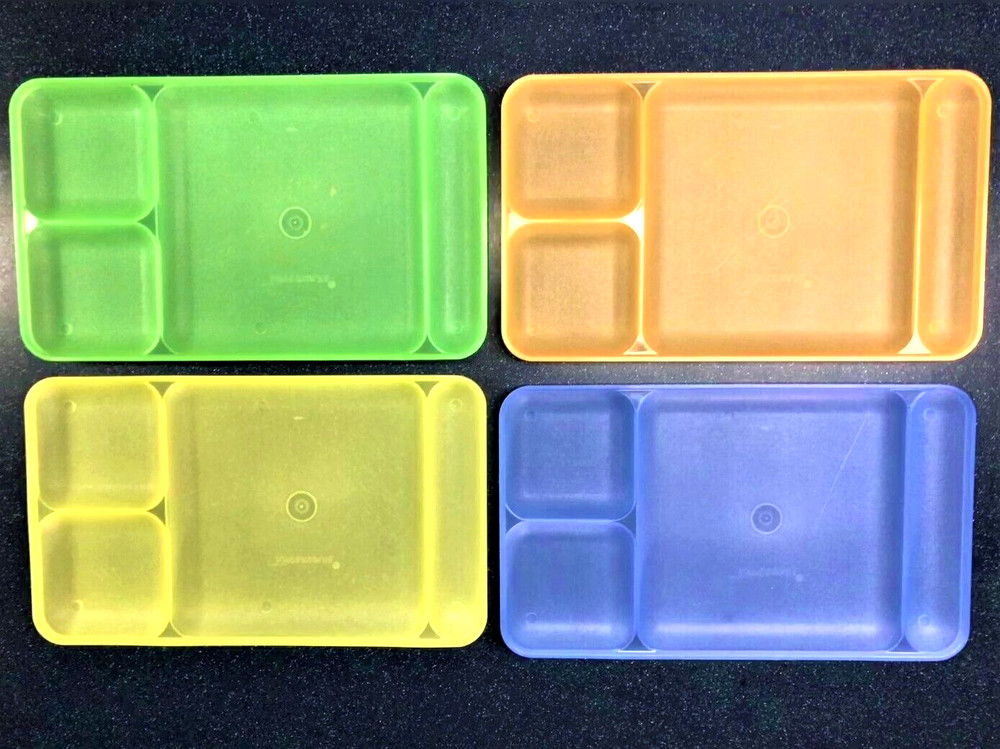 4 RETRO COLORED TUPPERWARE PLASTIC DIVIDED TRAY LUNCH TV STACKABLE CAMPING