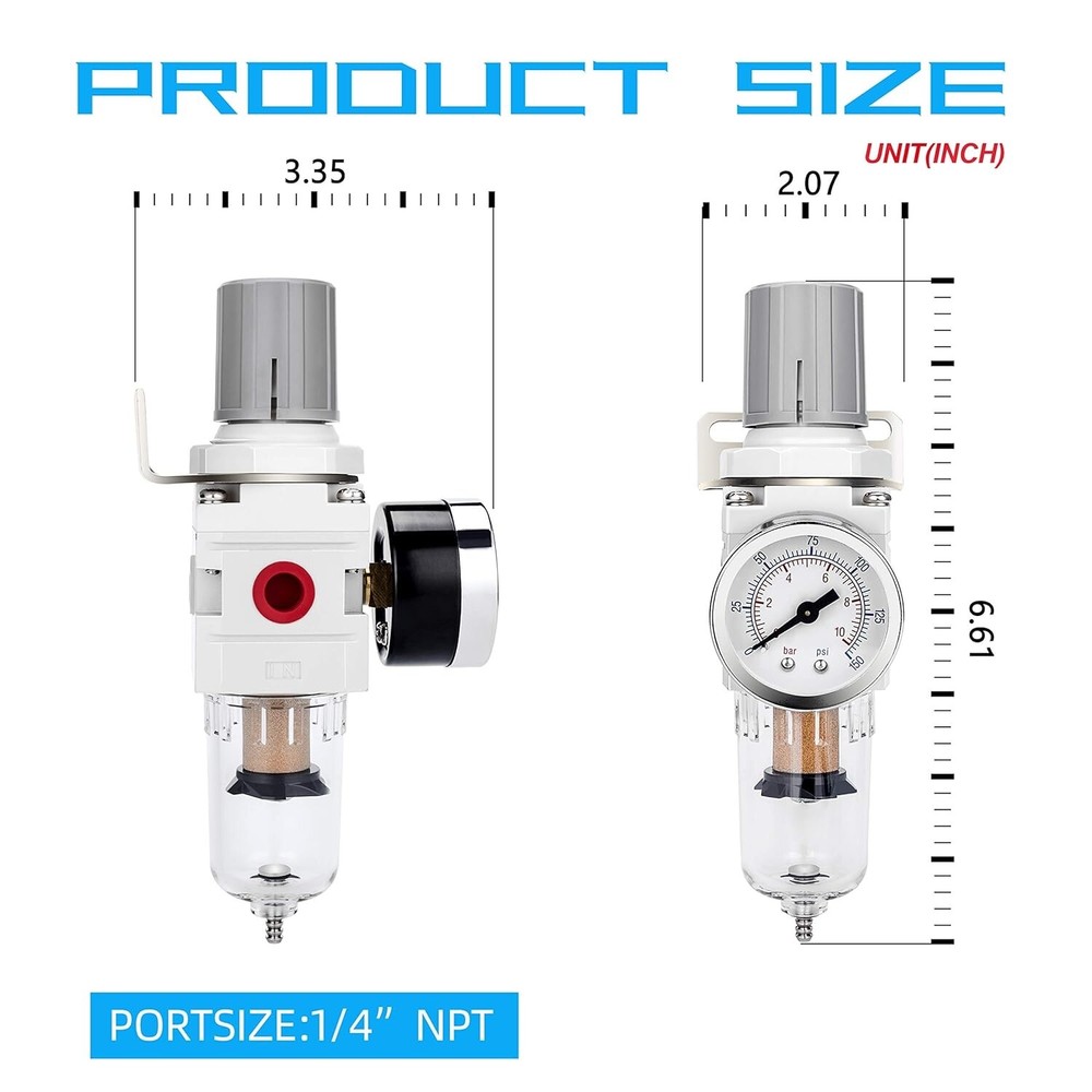 NANPU 1/4" NPT Compressed Air Filter Regulator Combo Piggyback, 5 Micron Brass E