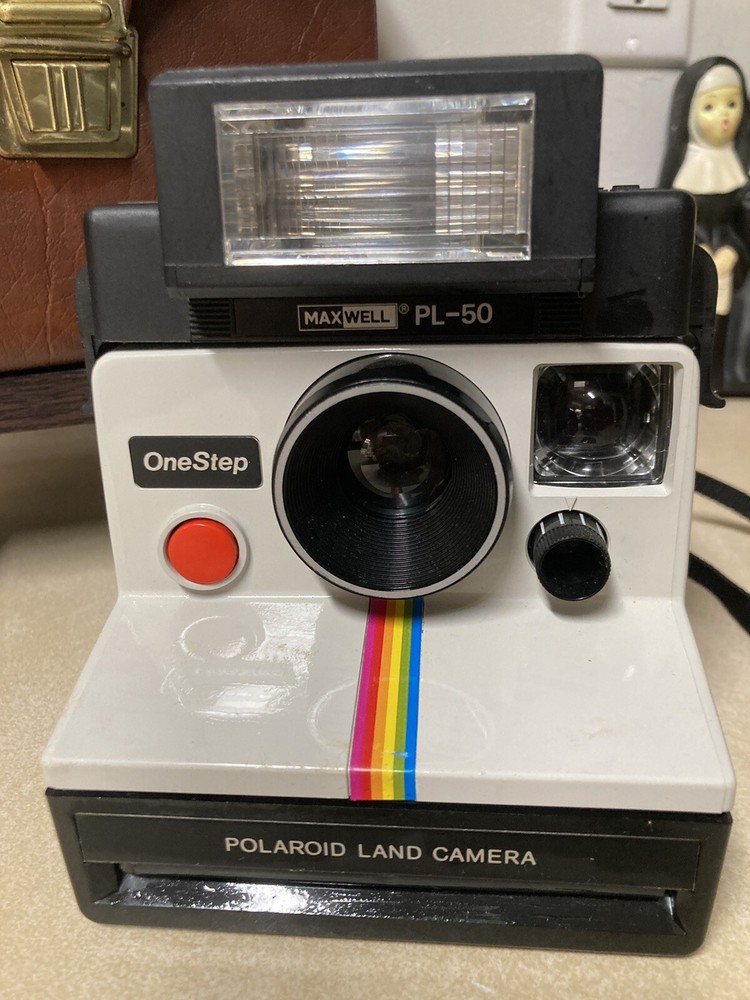Vtg Polaroid One Step Land Camera W/ Leather Bag & Maxwell PL-50 Flash UNTESTED