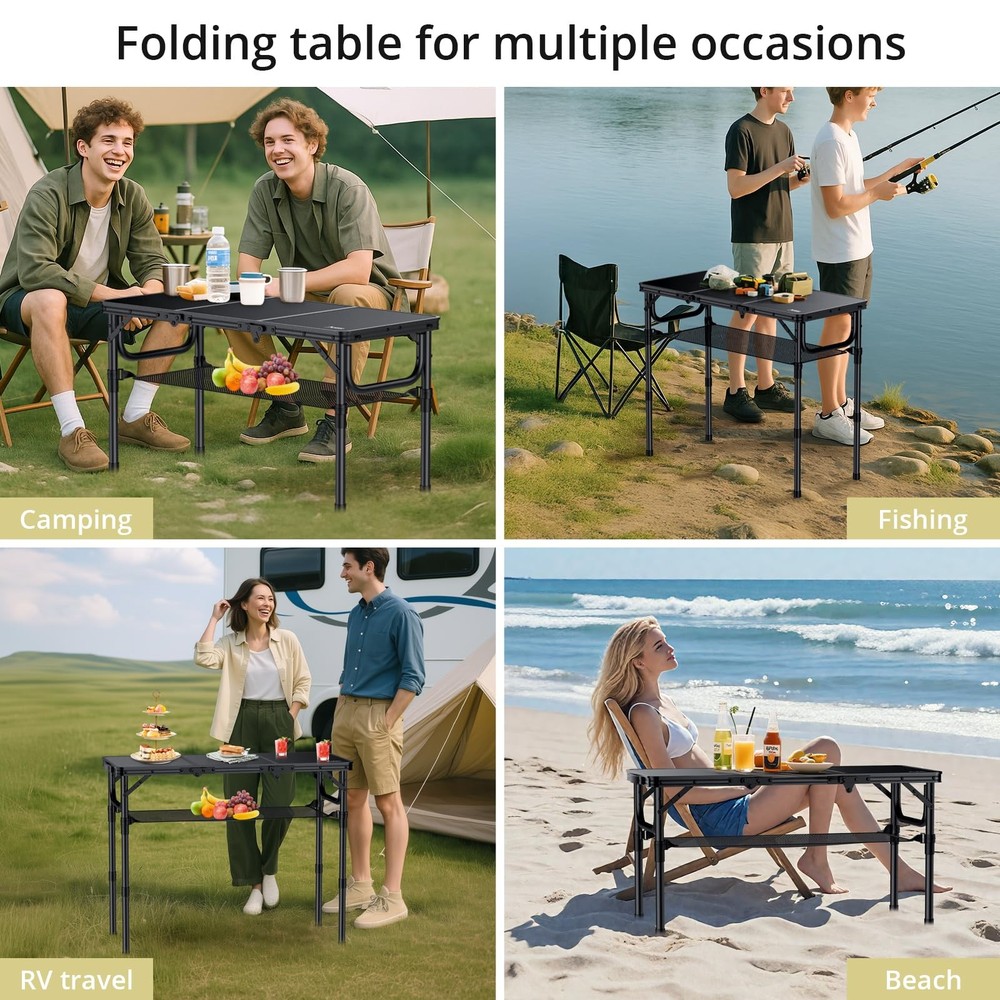 Folding Camping Table with Storage Net, 3ft Camping Table Aluminum Folding Ta...