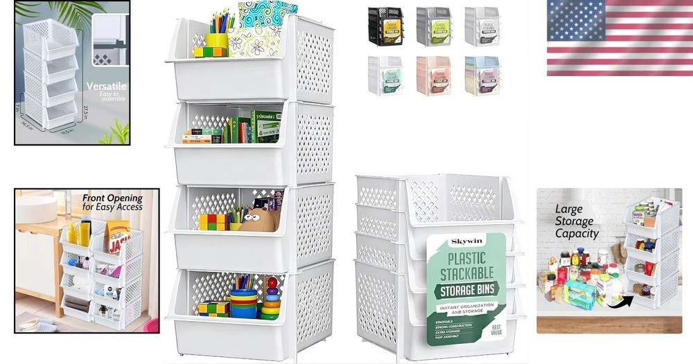 TidyFriend Stackable Storage Bins, 4 Pack - White