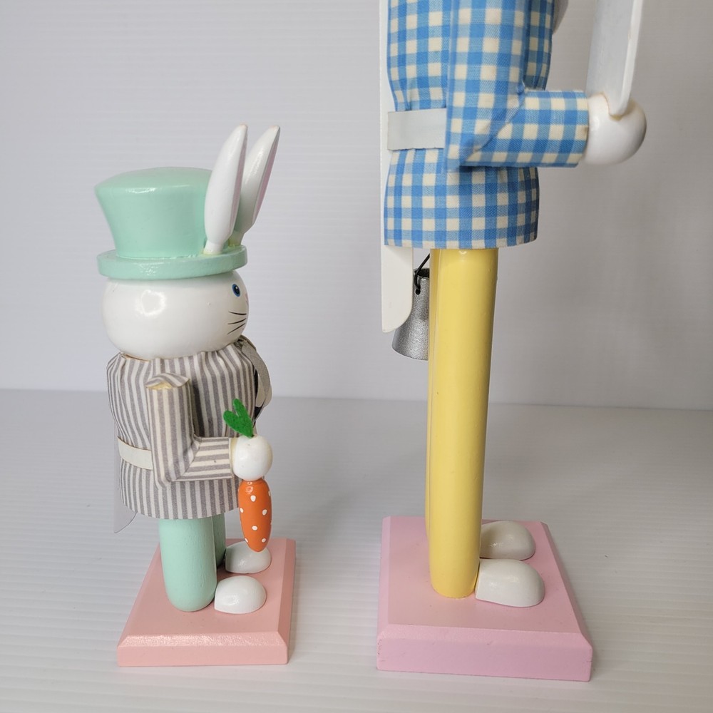 2 Easter Bunny Nutcrackers 8" & 14" Happy Easter Watering Can Carrot Decor