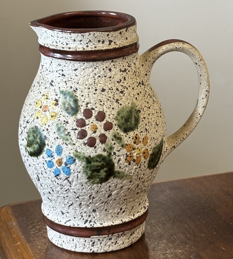 Stoneware Pottery Pitcher With Painted Flower Design