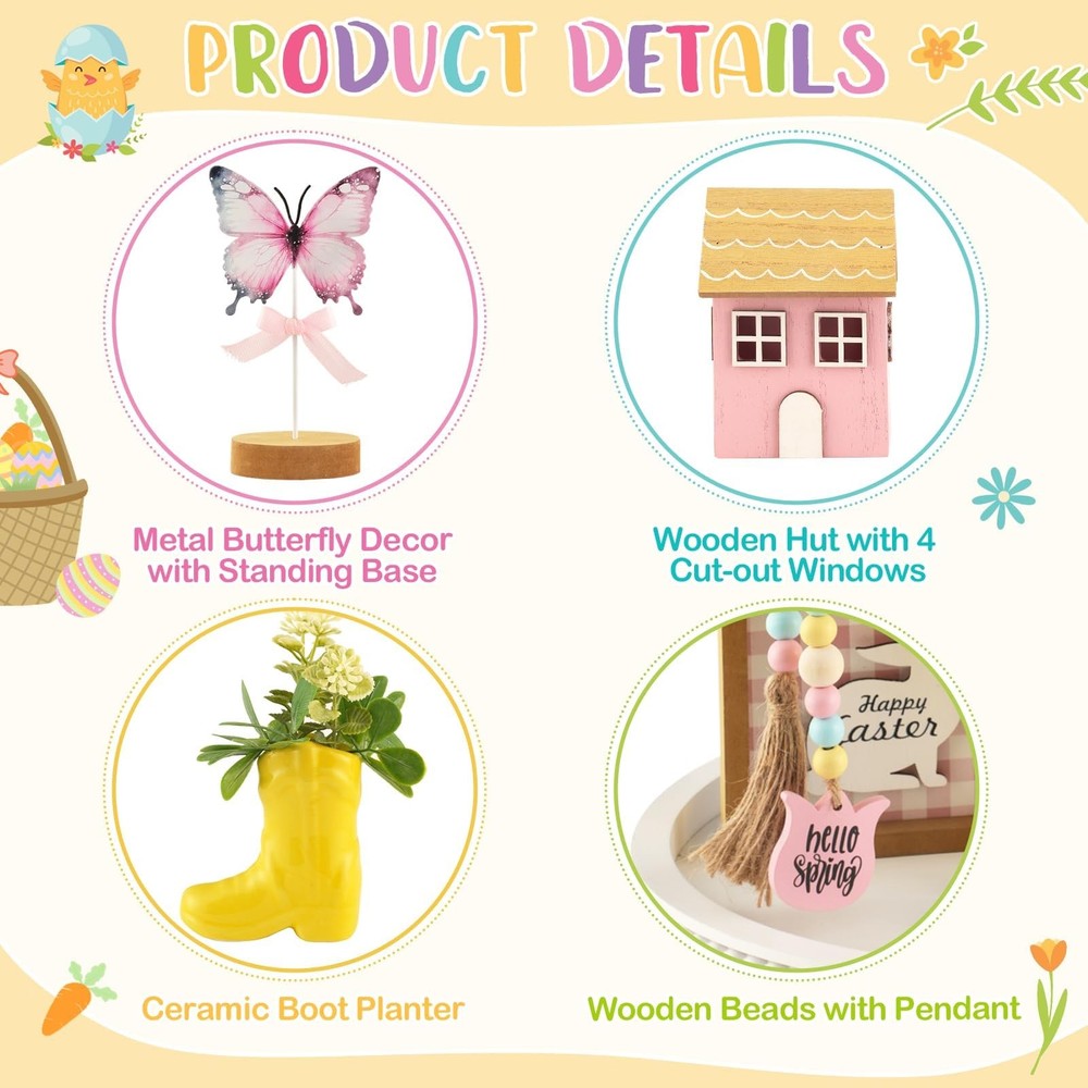 Spring Easter Decorations 8 Pieces Tiered Tray Decor Set, Cute Tabletop Easte...