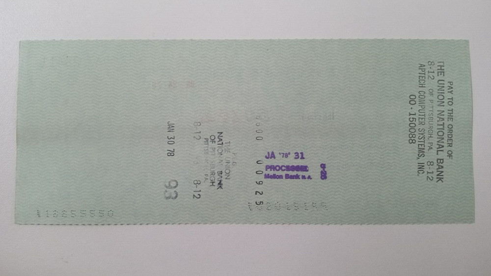 Aptech Computer Systems, Inc.: 1978 Pittsburgh Pirates Expense Check