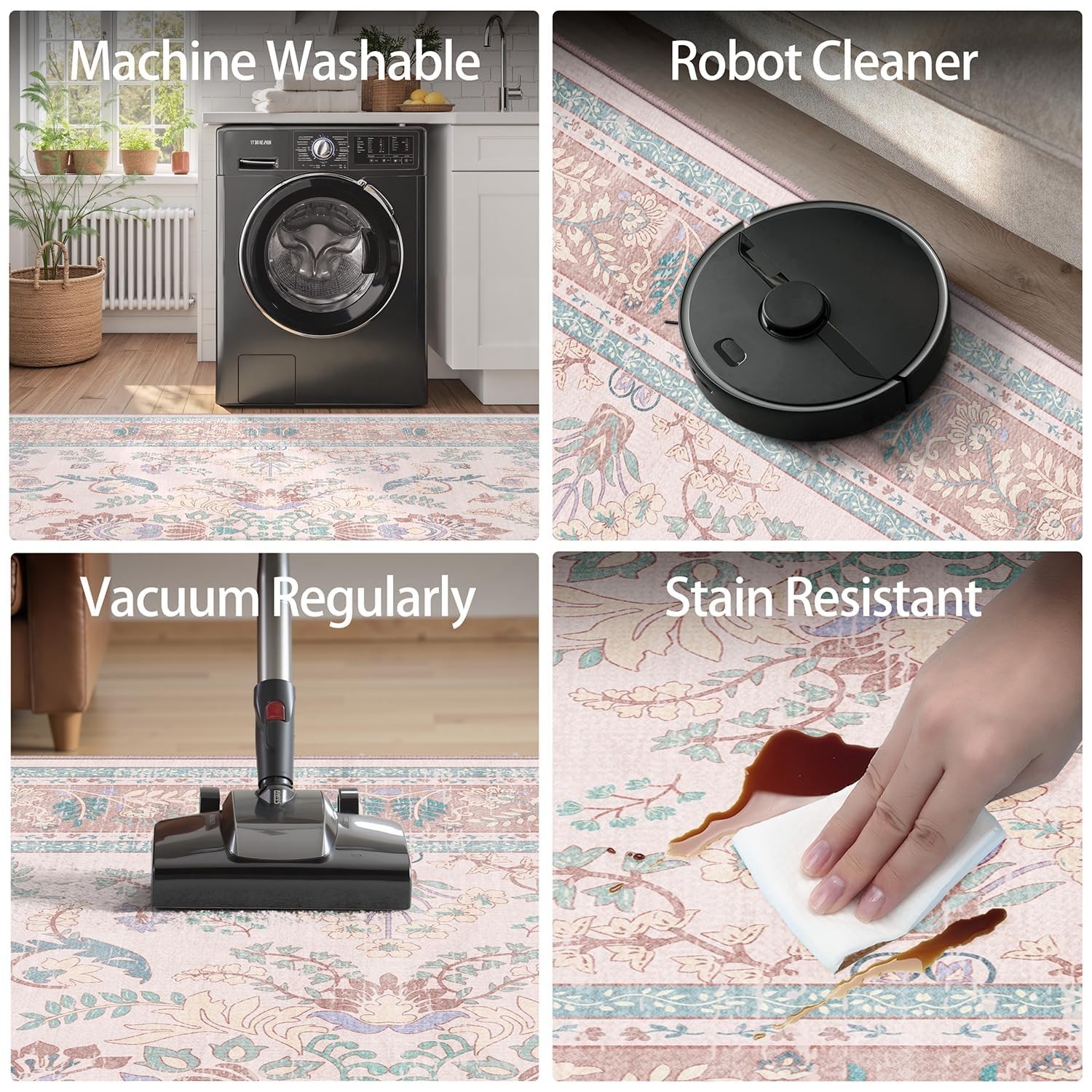 DCX 2x3 Pink Vintage Floral Rug, Machine Washable Non Slip Low Pile Carpet fo...