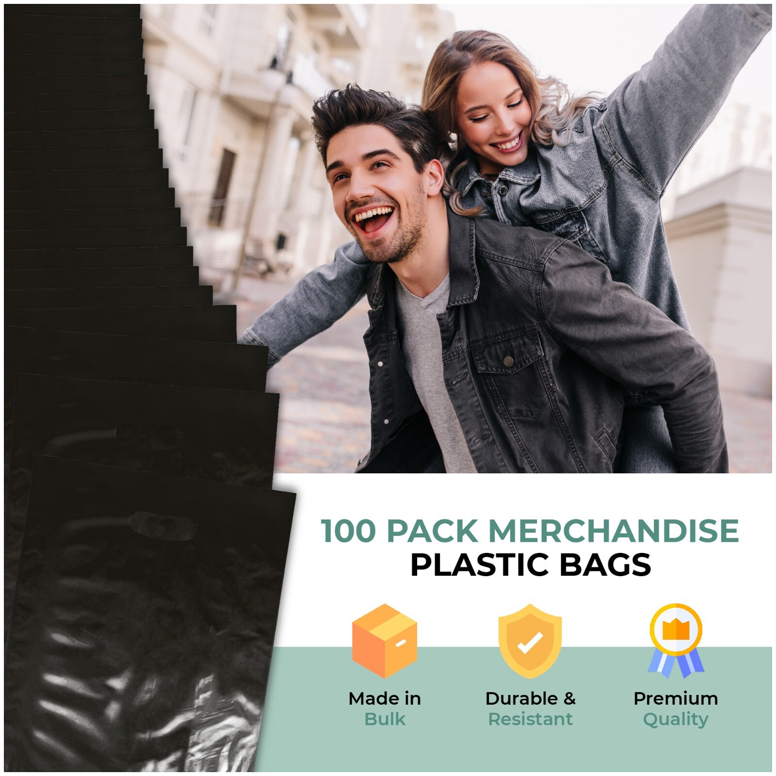 100 Pack 12" x 15" with 1.25 mil Thick Black Merchandise Plastic Glossy Bags